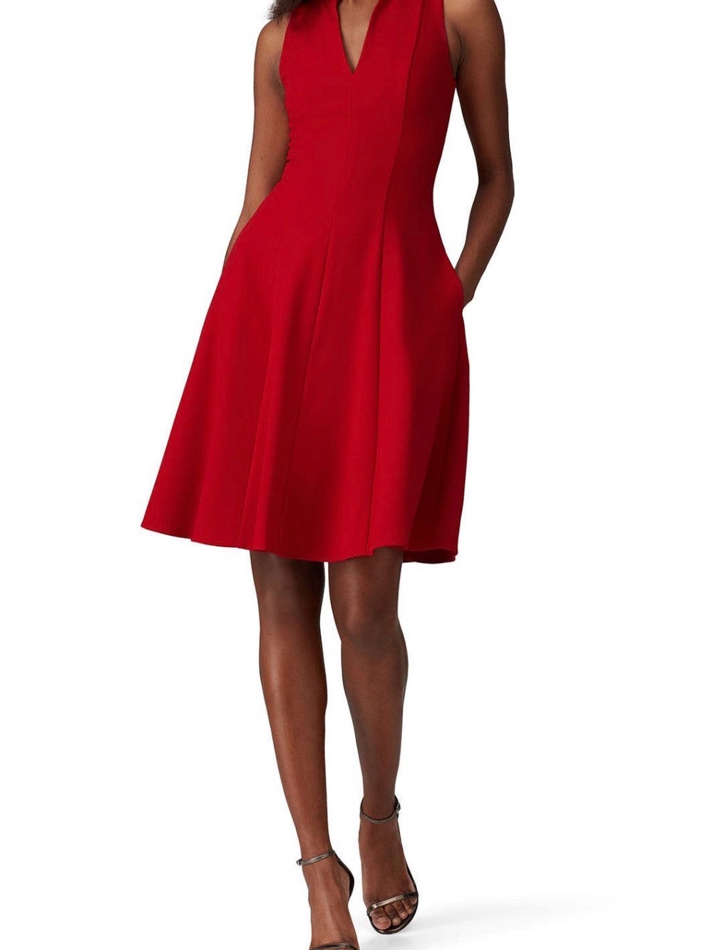 Black Halo Sleeveless Red A-Line Dress with ruffled V-Neck and pockets